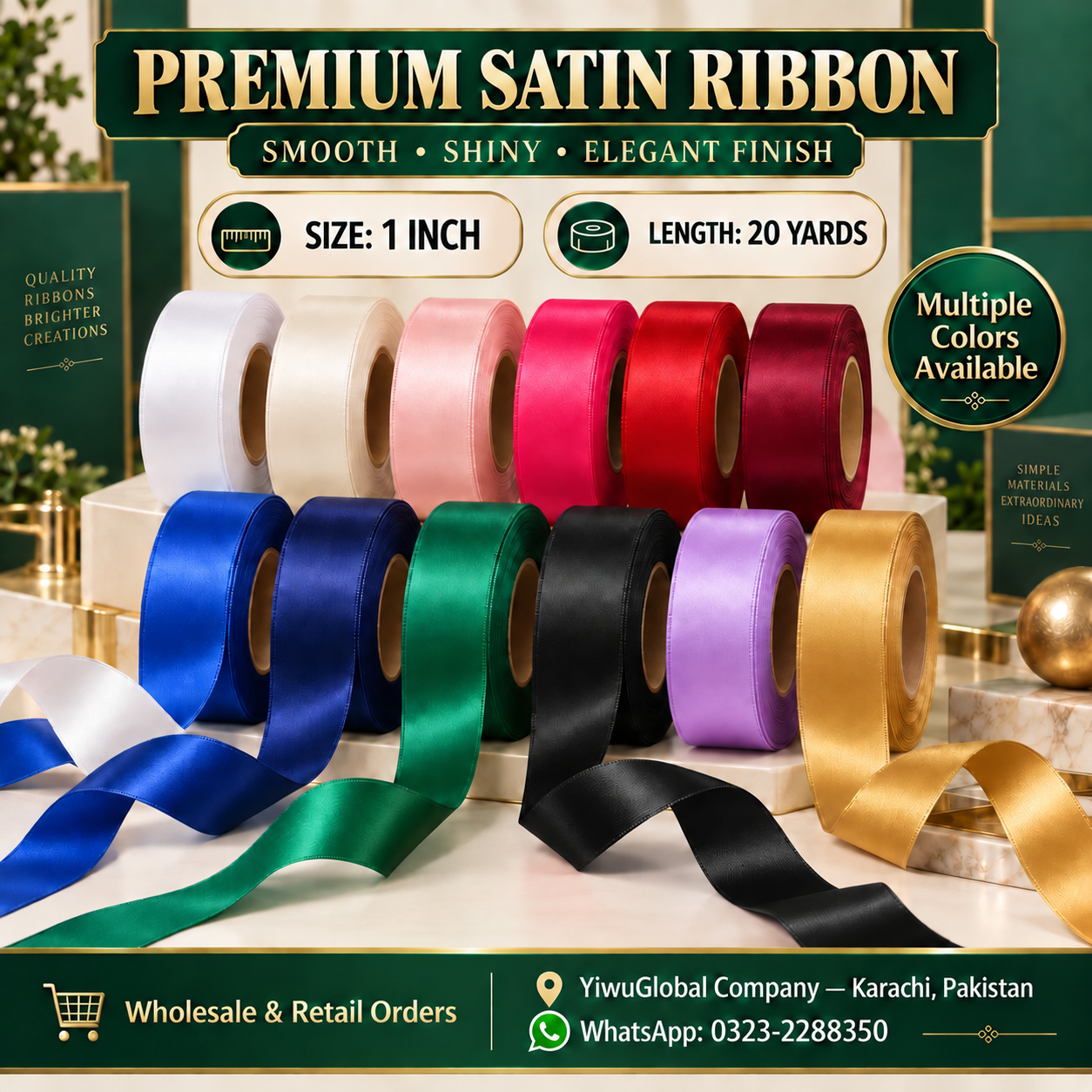 Premium Satin Ribbon – 1x20 Yards (5 Roll Pack)